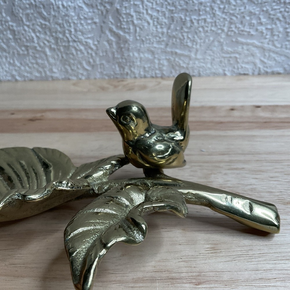 Vintage Gold  Brass Trinket Dish Jewelry Holder Leaf Small Bird Water Bowl - Picture 3 of 15
